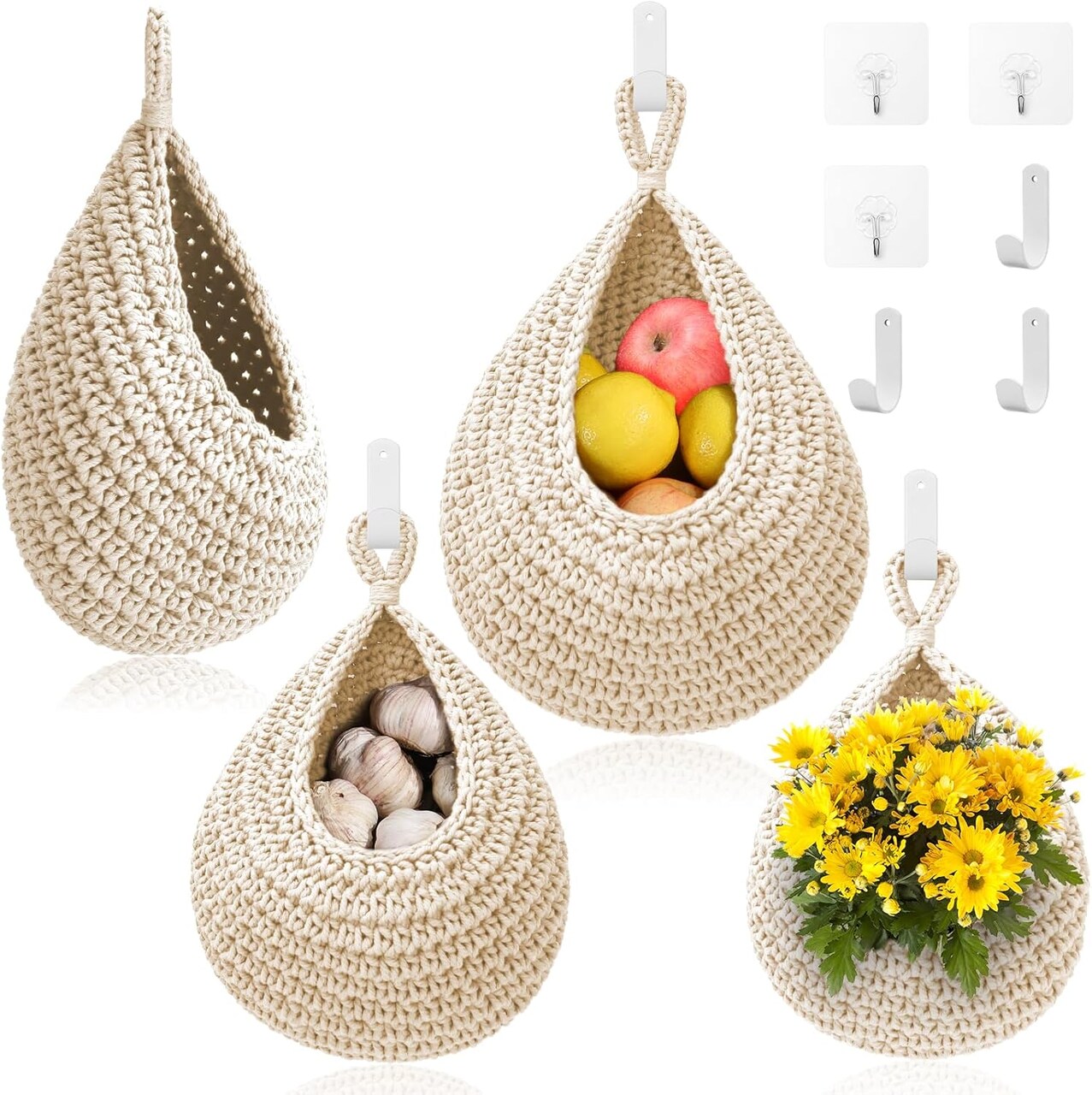3-Pack Hanging Fruit Baskets for Kitchen – Boho Handwoven Teardrop Storage Baskets with 6 Strong Hooks for Onions, Fruits, Vegetables, and Potatoes (White)